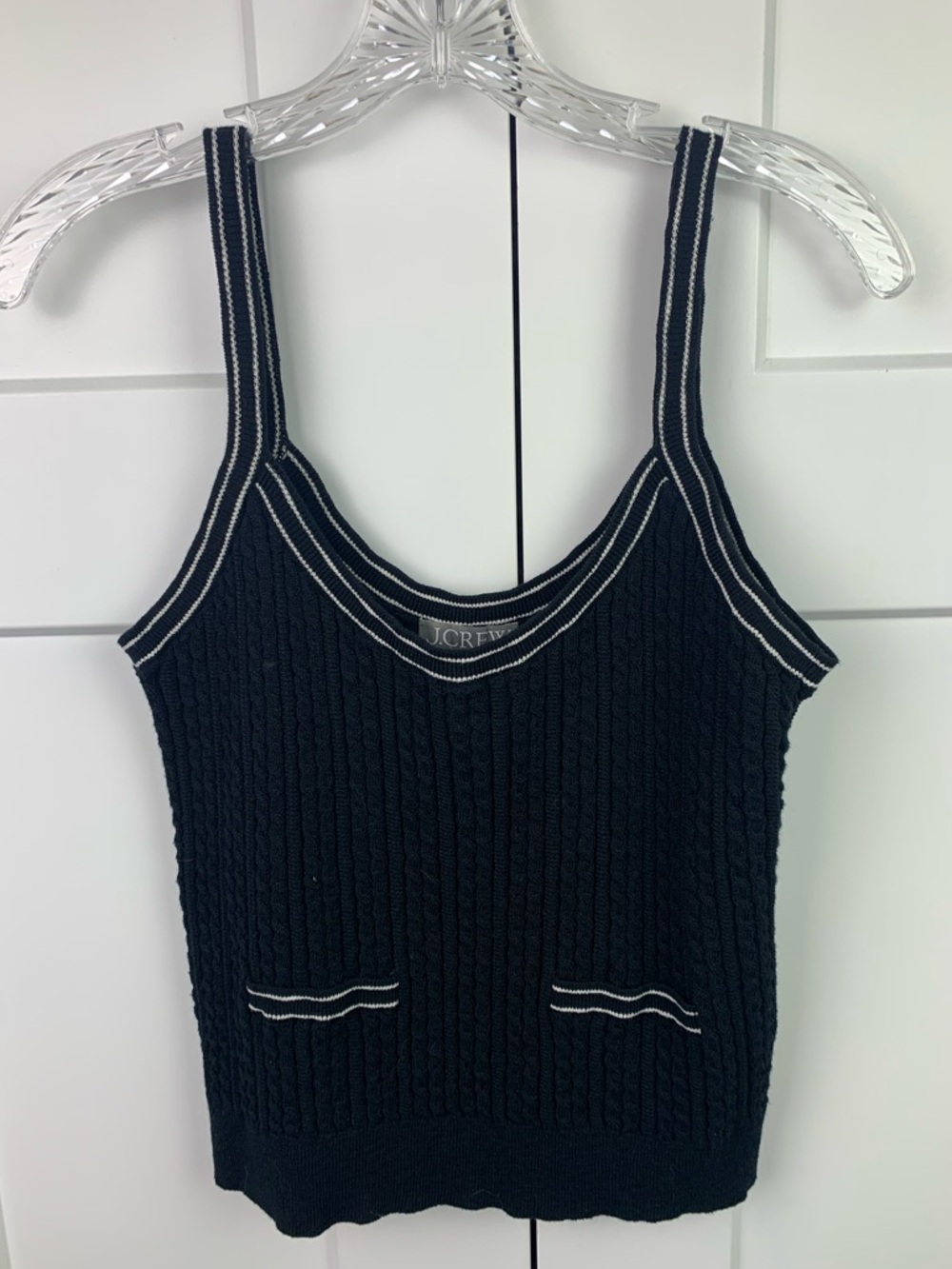 J Crew LARGE Cable Knit Tank Sweater Black White Trim Preppy